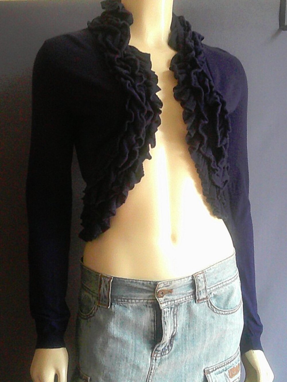 Anthropologie Sparrow Navy Blue Ruffled Crop Open Cardigan Sweater Sm